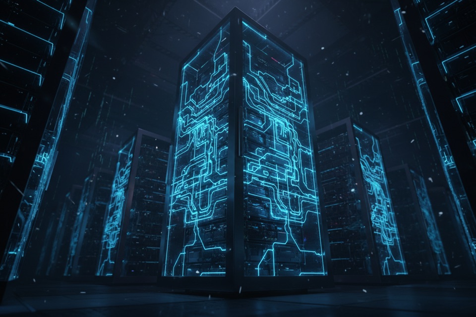 A server rack lit by branching circuit traces, representing the infrastructure AI assistants read a site through.